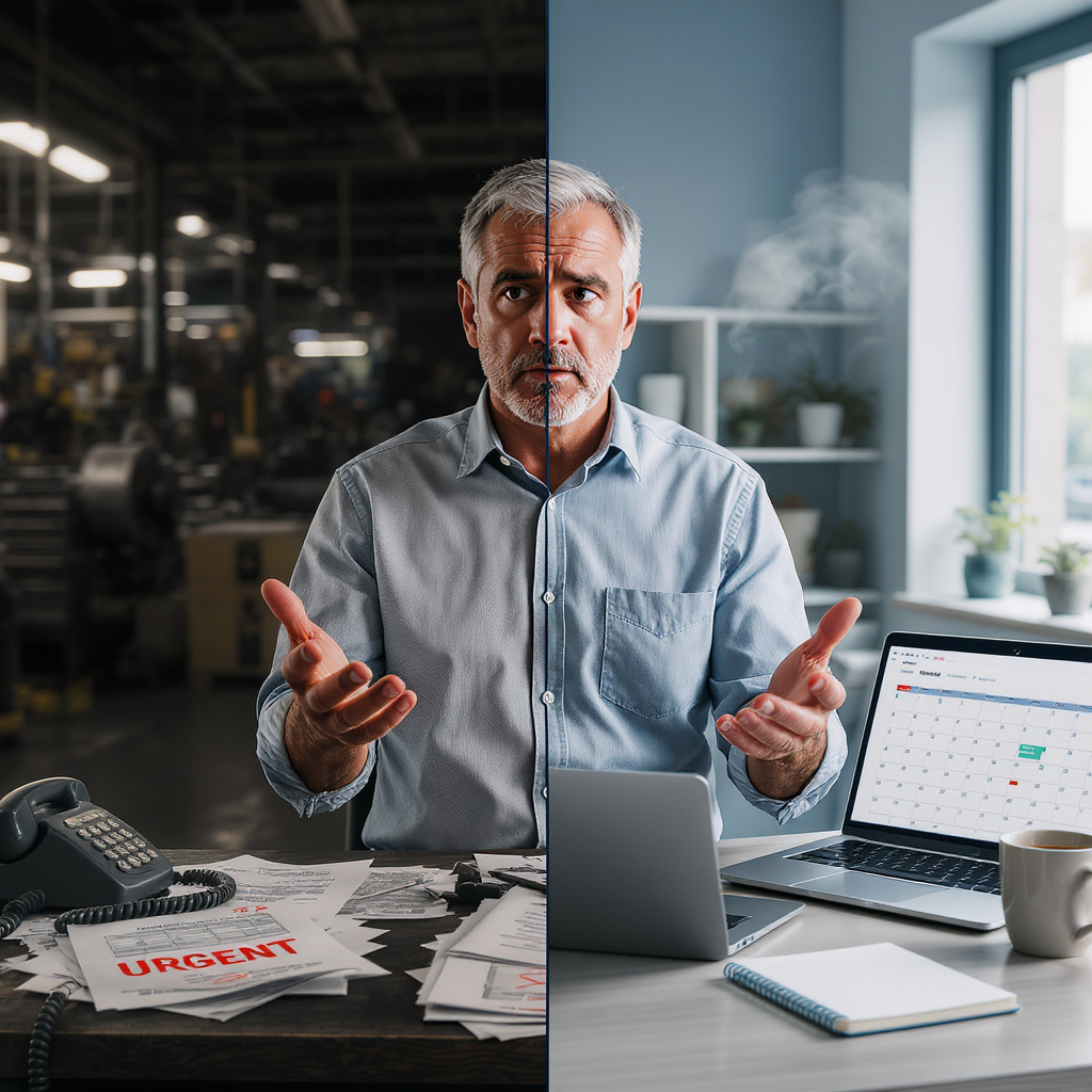 Business owner demonstrating time management challenges in split-screen image showing traditional manufacturing business on left and online business setup with content calendar on laptop on right
