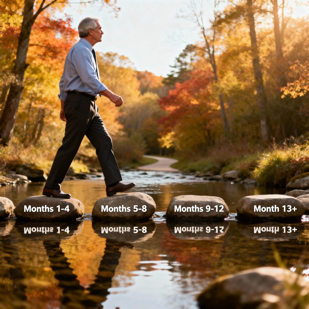 Four stepping stones across water representing the minimum viable transition strategy from business to online income